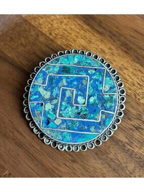 Taxco Mexico Sterling Silver Aztec Maze Brooch Pendant Turquoise